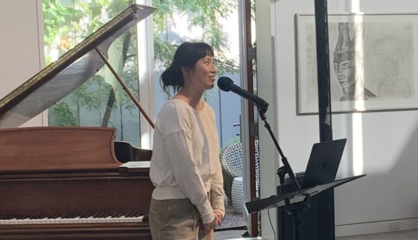 Ling Ling Huang at Bowstring Truss House for Third Angle New Music's Listening Lab. Photo by Carissa Burkett.