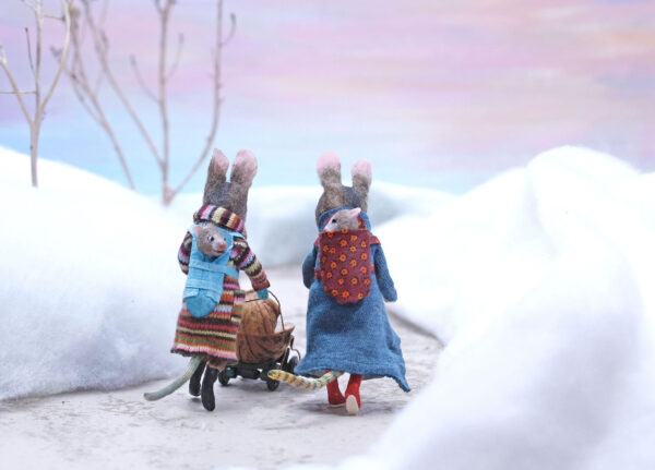 Mama mice take a wintery stroll in "Baby Backpacks" by Maggie Rudy. Photo courtesy: Maggie Rudy