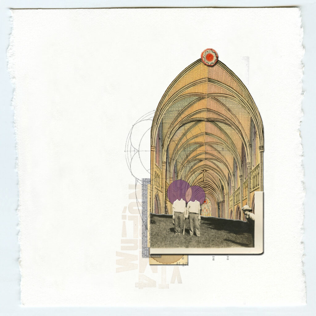 print with groin vaulted interior church space, two figures with heads obscured by purple haloes
