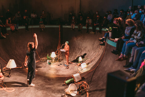 Composer Caroline Shaw and dancer Anya Saugstad performed at Boedecker Foundation's skate bowl in Third Angle's 'Graveyards and Gardens' concert, April 2022. Photo by Sara Wright.