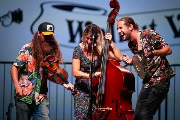 Avery Ballotta (left), Sasha Dubyk, and Max Capistran make up the Brooklyn, N.Y.-based bluegrass trio Damn Tall Buildings, which will perform Aug. 7 in Yachats.