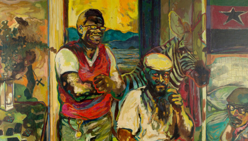 painting of three men - one in a red seater vest and one in white shirt and cap, third in the lower corner with black glasses and a dark cap. A zebra bust is in the background