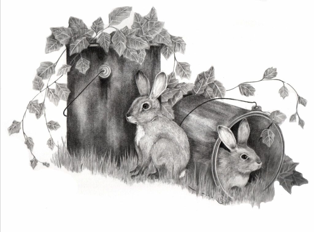 graphite drawing of hares - one in front of a pair of paint tins and the other inside