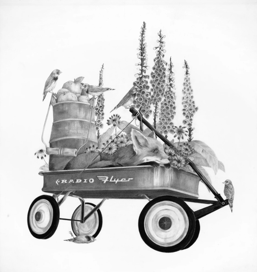 radio flyer wagon with plants, birds, and a fox in the bed