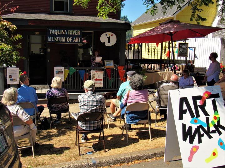Visitors to the 2021 Toledo Art Walk listen to a presentation at the 1887 schoolhouse that is home to the Yaquina River Museum of Art. Muralist Casey McEneny Casey McEneny will give an art talk at the museum, beginning at 1:30 p.m. during each day of this year's Art Walk. Photo courtesy: Michael Gibbons Fine Art