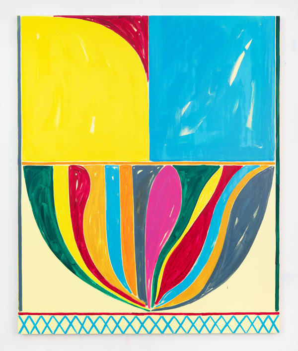 abstract multicolored work dominated by yellow and blue rectangles at top and a multi-hued chalice shape on the bottom