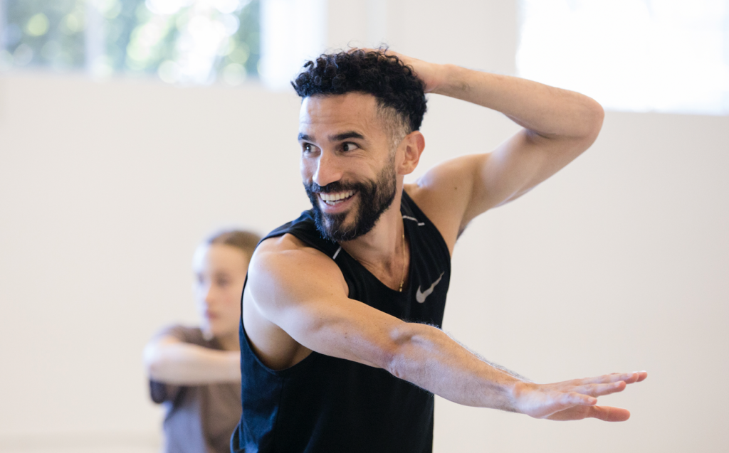 Choreographer Brian Arias, demonstrating moves for his "Activating Infinity," one of three world premieres on NW Dance Project's season-opening program. Photo: Blaine Truitt Covert